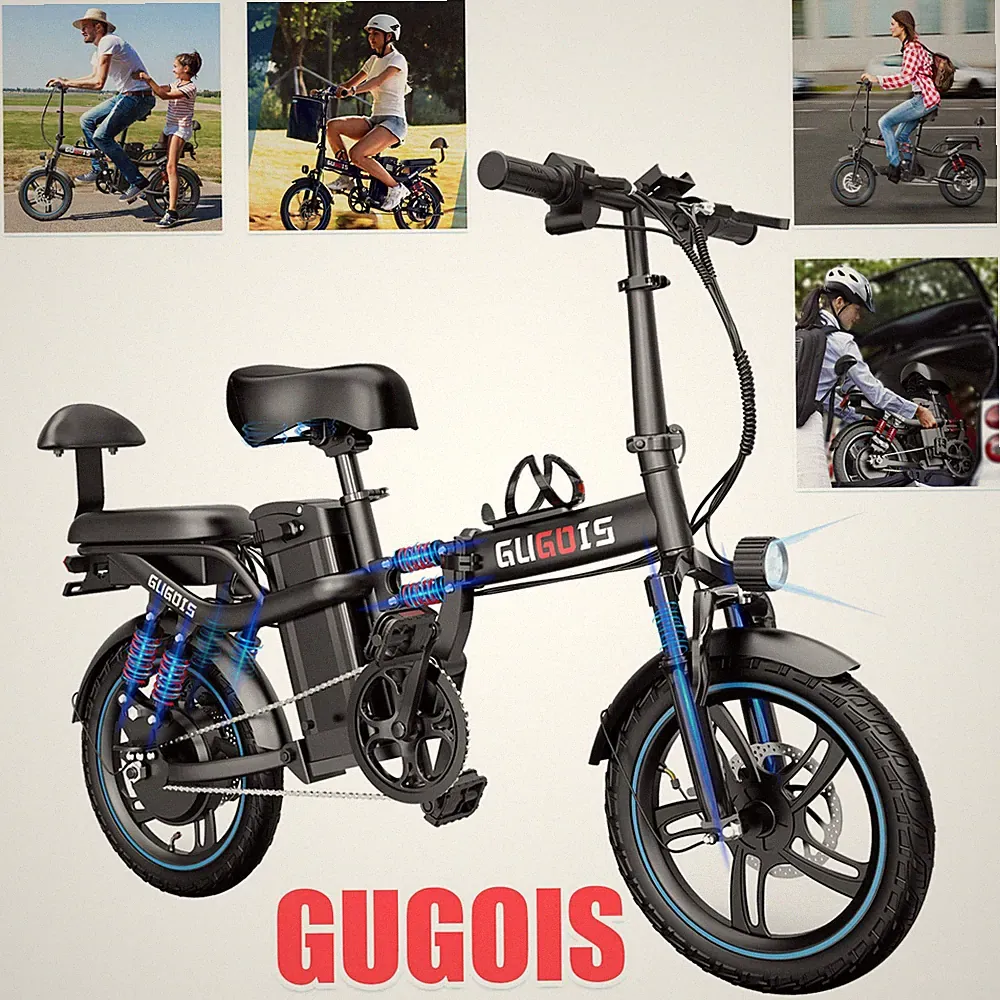 GUGOIS Electric Bike 1000W 48V 15Ah 16" 2 Seater Folding Portable ebike Urban US