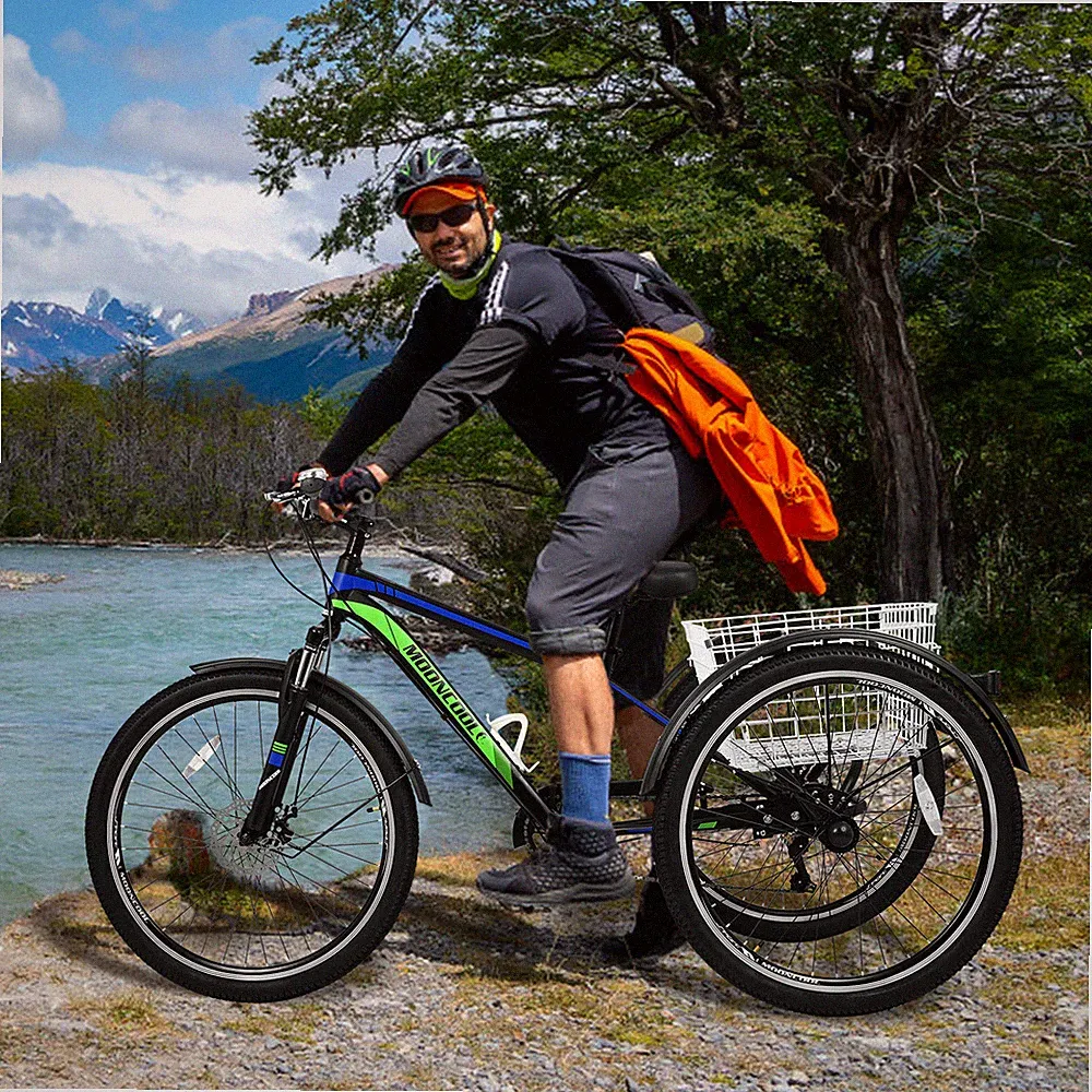 NAIZEA Mountain Tricycle Adult 24/26/27.5 inch 7 Speed Cruiser Bike & Basket